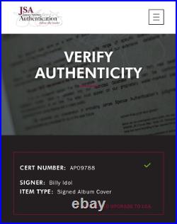 Billy Idol Signed White Wedding Album Vinyl LP JSA COA #AP09788 Auto