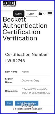 Ozzy Osbourne Signed Blizzard of Ozz Album Vinyl Autograph Beckett Witnessed